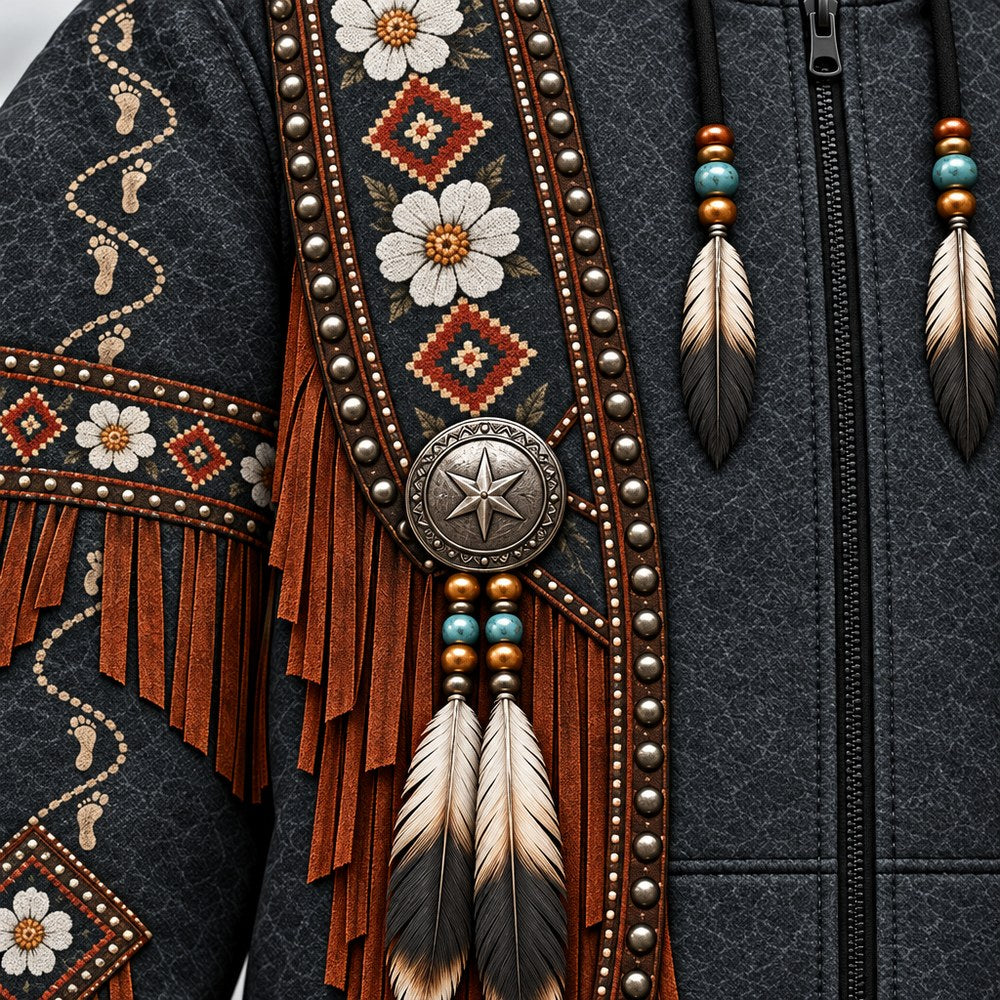 Every Step Remembered 3D zip hoodie, close-up of the printed beadwork