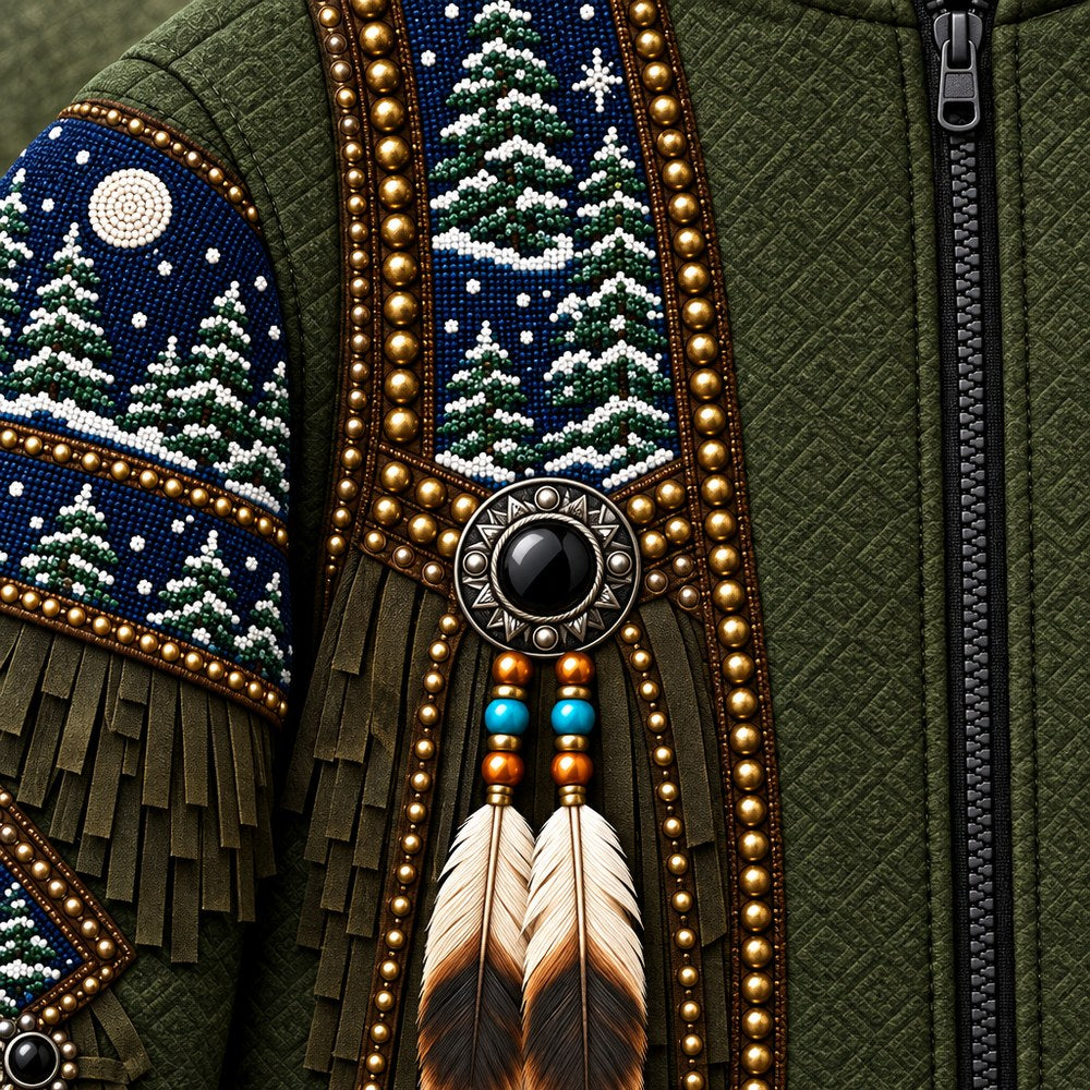 Winter Pines 3D zip hoodie, close-up of the printed beadwork