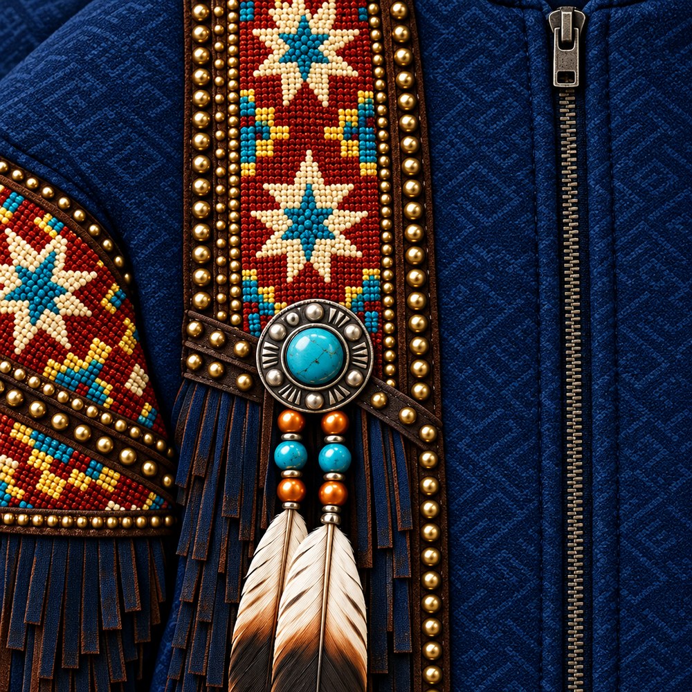 Seven Stars 3D zip hoodie, close-up of the printed beadwork
