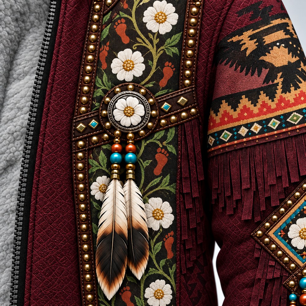 Rose Along the Trail 3D zip hoodie, close-up of the printed beadwork