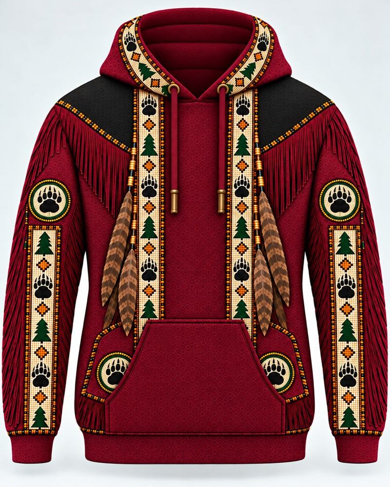Bear and Pine 3D pullover hoodie, close-up of the printed beadwork