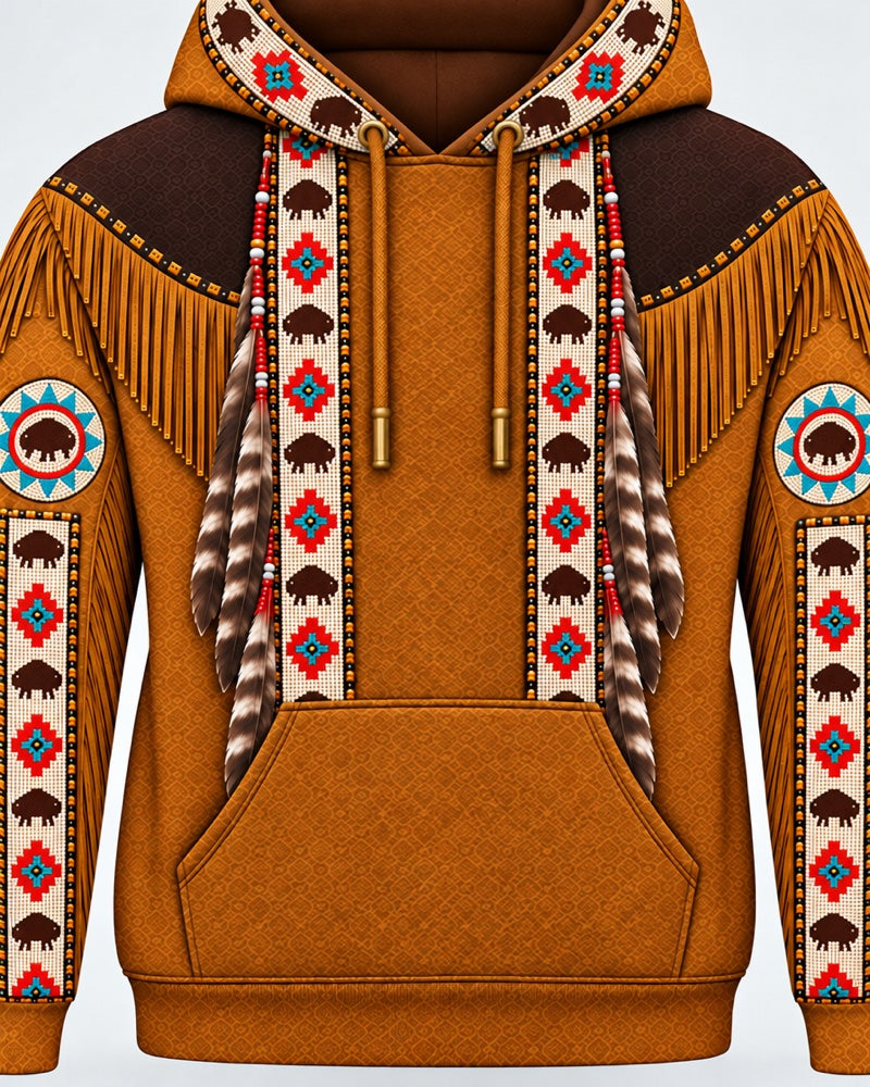 Buffalo Prairie 3D pullover hoodie, close-up of the printed beadwork