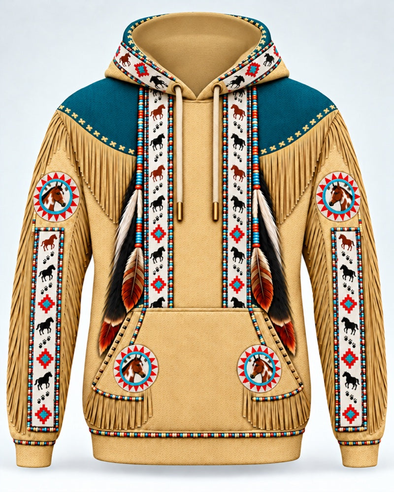 Painted Horse 3D pullover hoodie, close-up of the printed beadwork