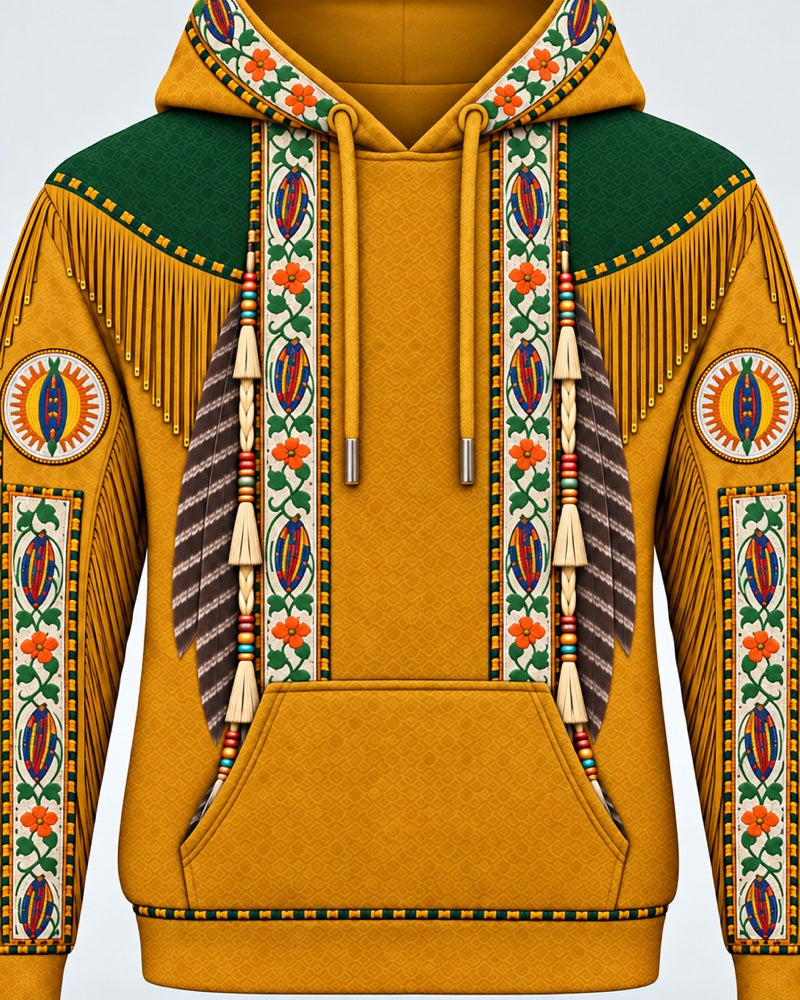 Three Sisters 3D pullover hoodie, close-up of the printed beadwork