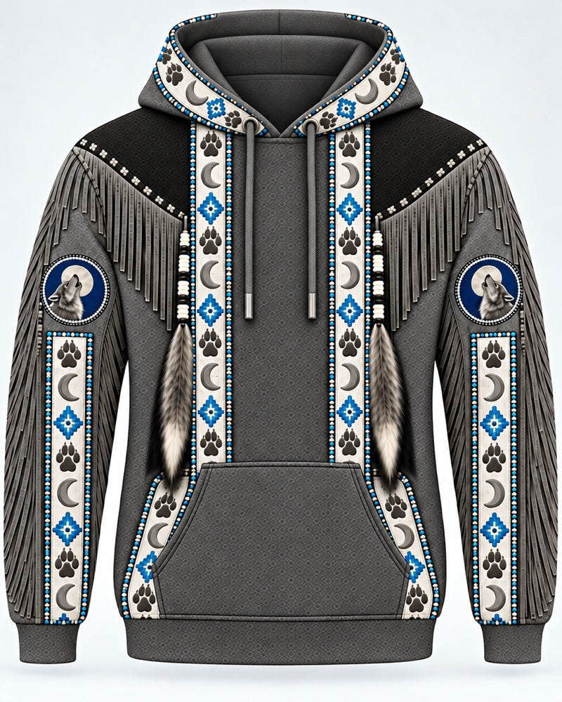 Wolf Moon 3D pullover hoodie, close-up of the printed beadwork
