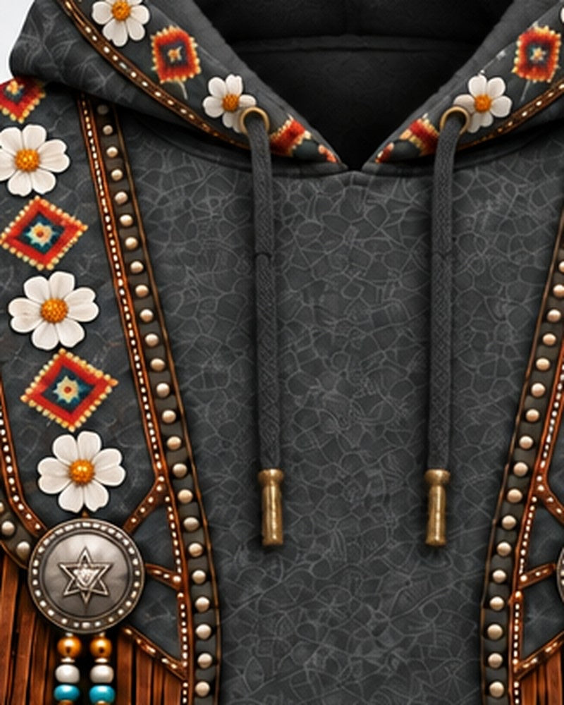 Every Step Remembered 3D pullover hoodie, close-up of the printed beadwork