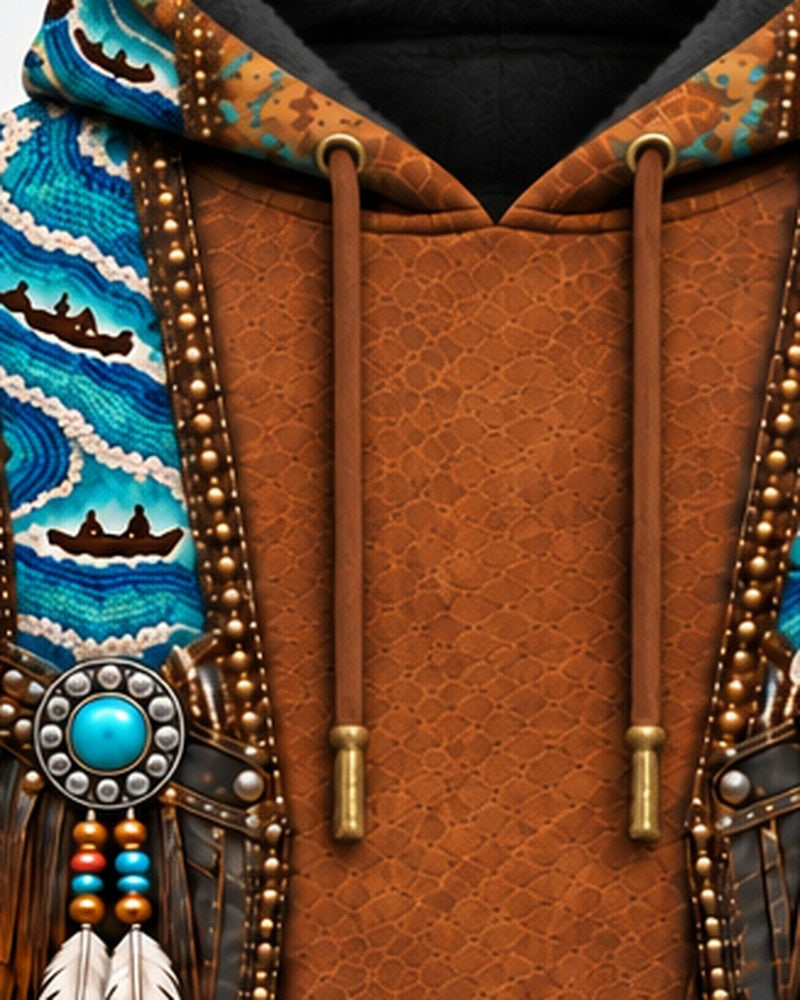 Water Route 3D pullover hoodie, close-up of the printed beadwork