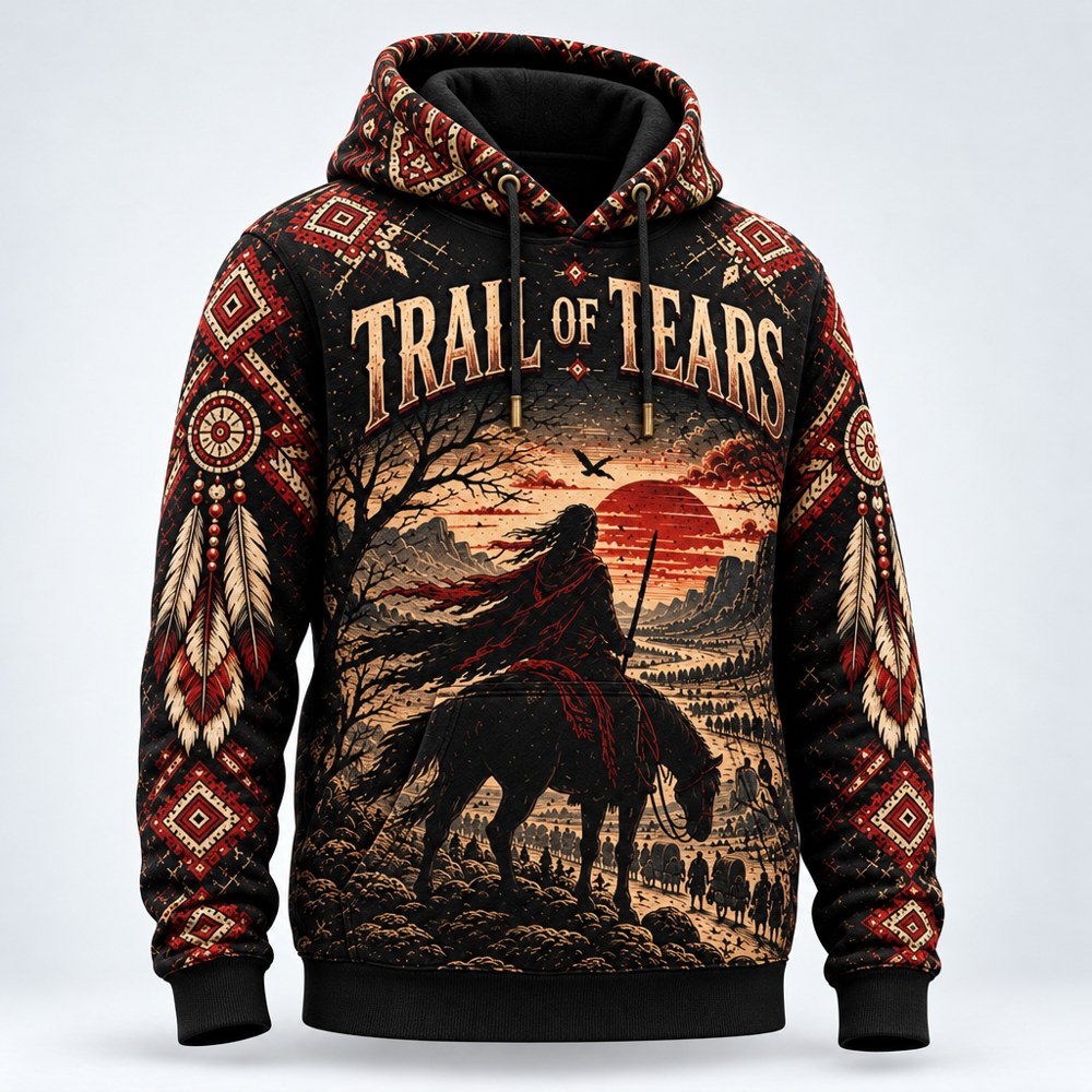 The Deadly Journey Trail of Tears pullover hoodie, three-quarter view