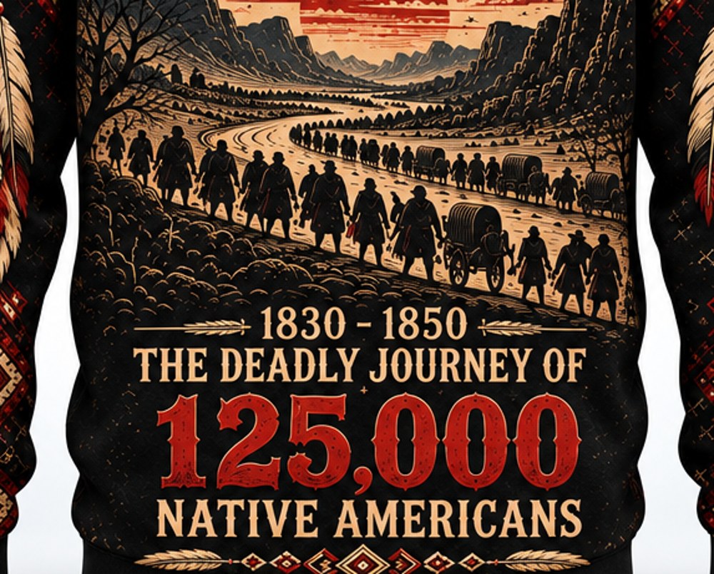 The Deadly Journey Trail of Tears pullover hoodie, close-up of the back print