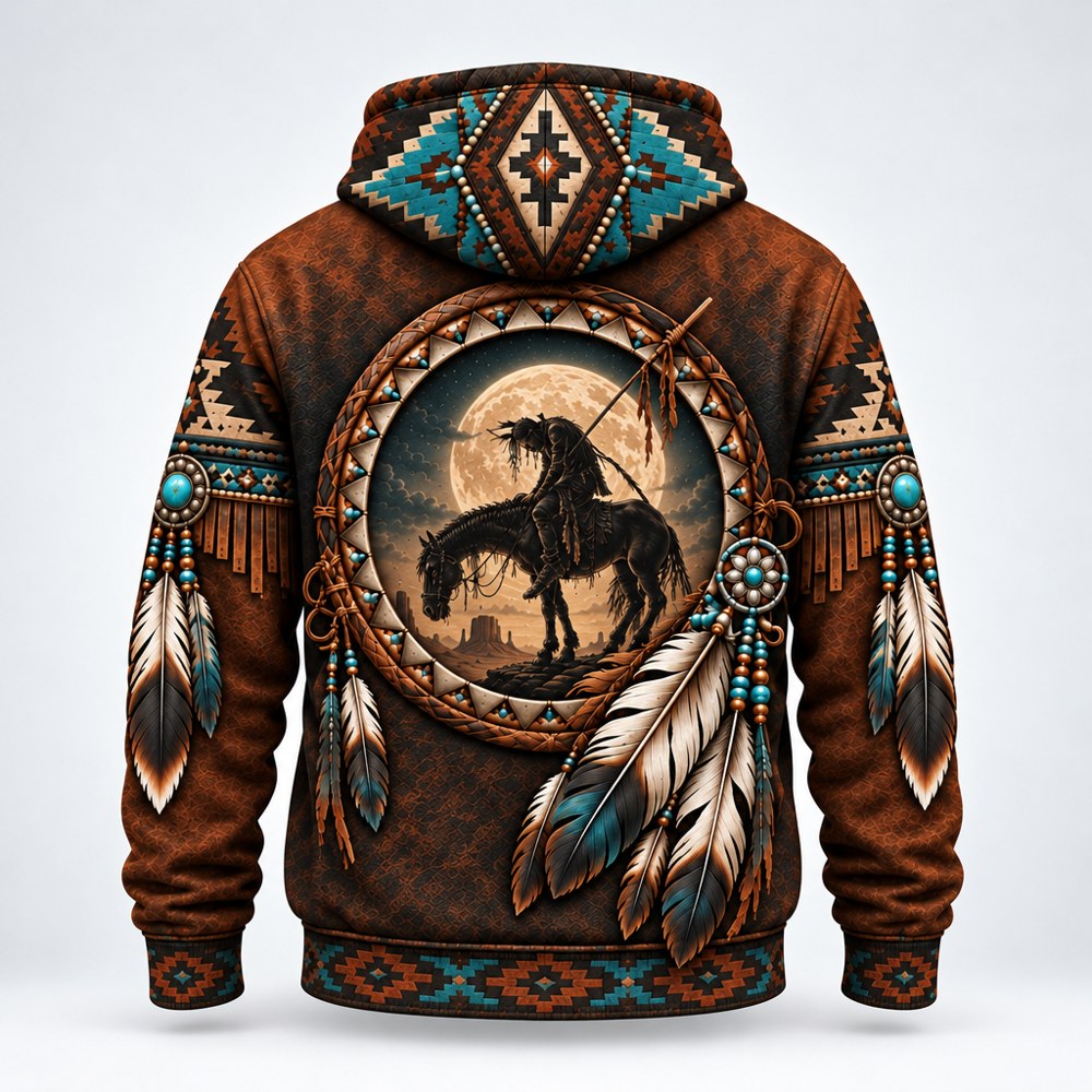 Lone Rider at Moonrise Trail of Tears pullover hoodie, back