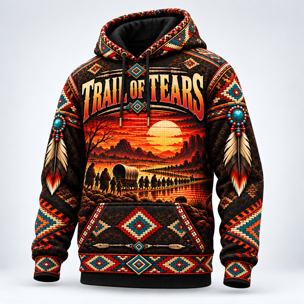 Sunset on the Trail Trail of Tears pullover hoodie, three-quarter view