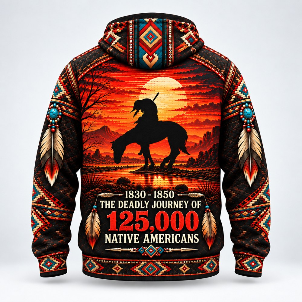 Sunset on the Trail Trail of Tears pullover hoodie, back