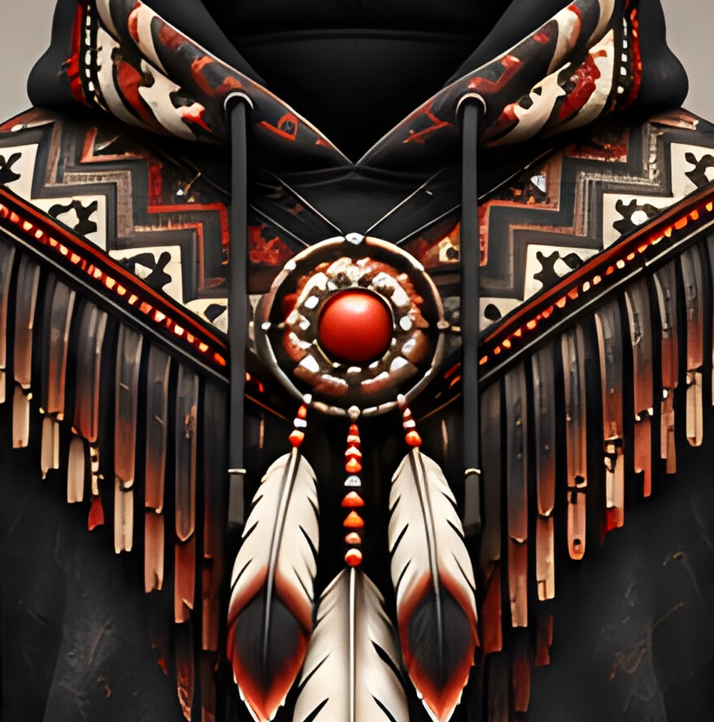 Lone Rider pullover hoodie, Obsidian, close-up of the printed chest medallion and fringe