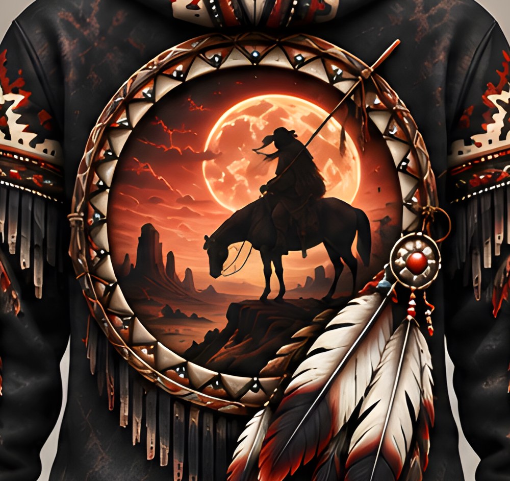 Lone Rider pullover hoodie, Obsidian, close-up of the printed lone rider on the back