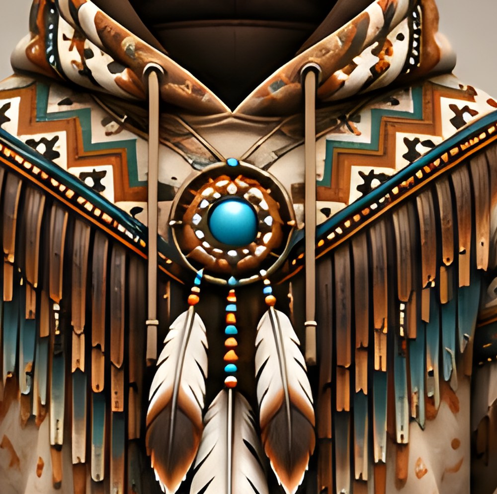Lone Rider pullover hoodie, Sandtone, close-up of the printed chest medallion and fringe