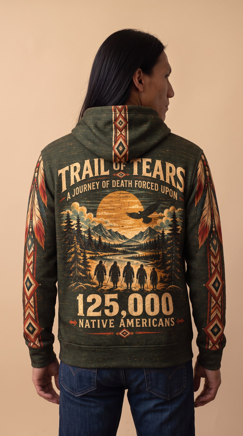 Journey of Death Trail of Tears pullover hoodie, Olive, worn by Brooks, back