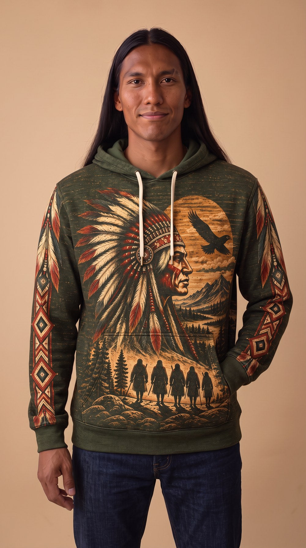 Journey of Death Trail of Tears pullover hoodie, Olive, worn by Brooks, front