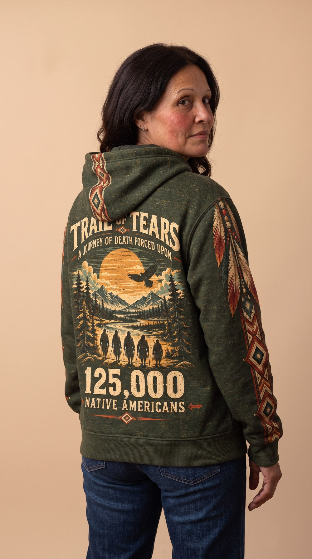 Journey of Death Trail of Tears pullover hoodie, Olive, worn by Maeve, back