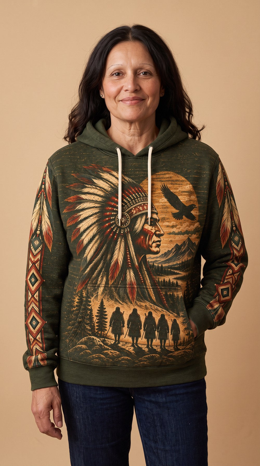 Journey of Death Trail of Tears pullover hoodie, Olive, worn by Maeve, front