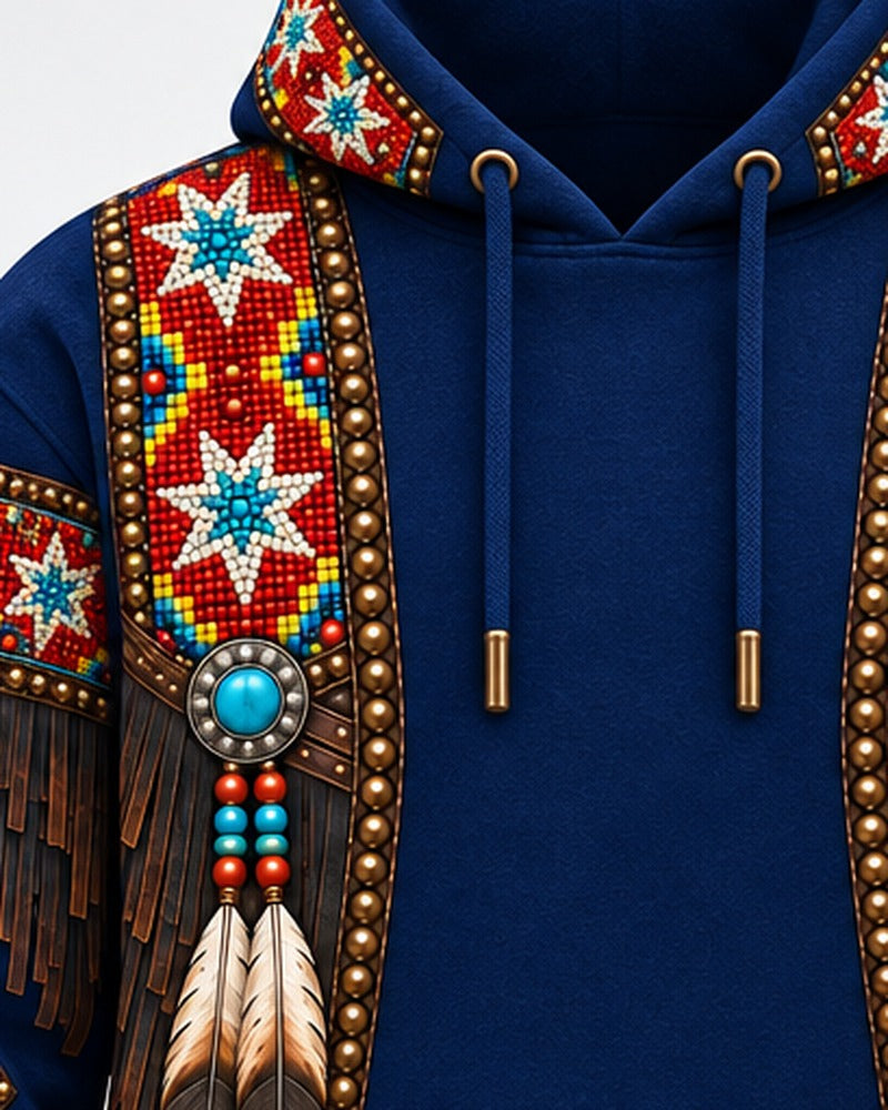 Seven Stars 3D pullover hoodie, close-up of the printed beadwork