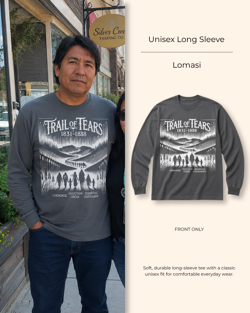 Lomasi Trail of Tears black-and-white winding-road design with walking silhouettes on an Americanista heritage long sleeve