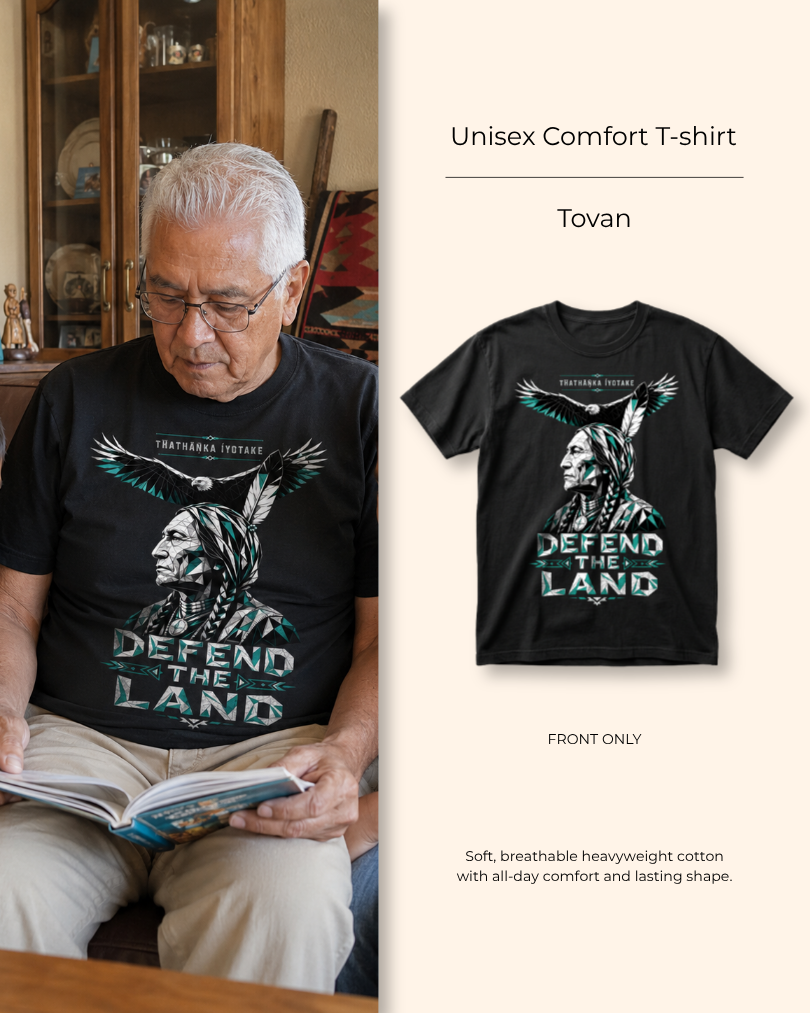 Rokan Defend the Land geometric Sitting Bull design on a heritage tee