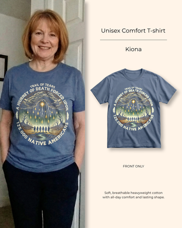 Kiona Trail of Tears design with storm sky and walking figures on a heritage tee