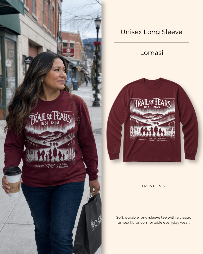 Lomasi Trail of Tears long sleeve, Native American heritage design — another view