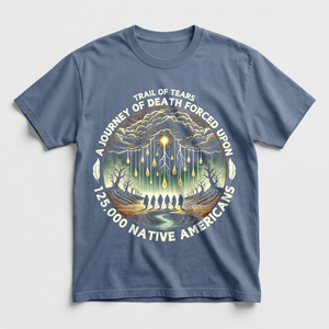 Kiona in blue jean Trail of Tears shirt