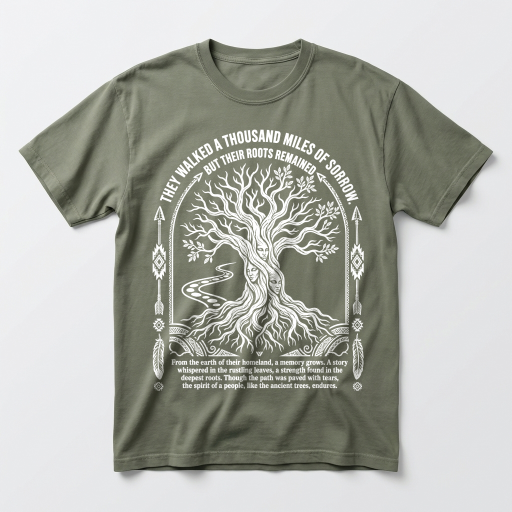 Quovara Trail of Honor design on a Comfort Colors tee — design close-up