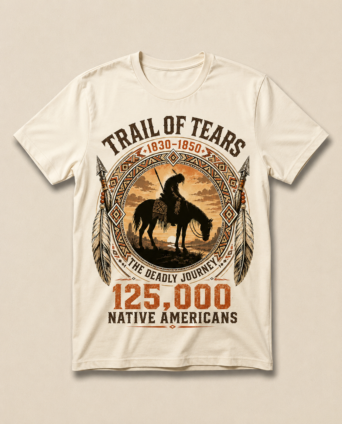 Wohali — Trail of Tears heritage tee, lone rider at sunset medallion