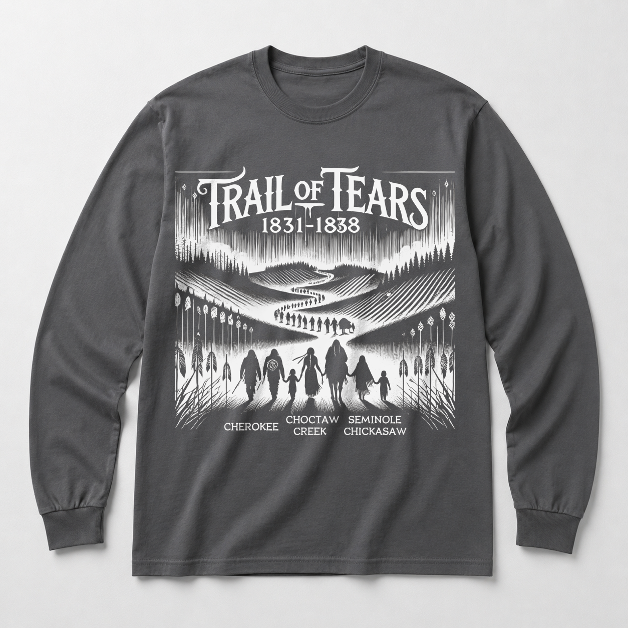 Lomasi Trail of Tears artwork — design close-up on a ring-spun cotton long sleeve