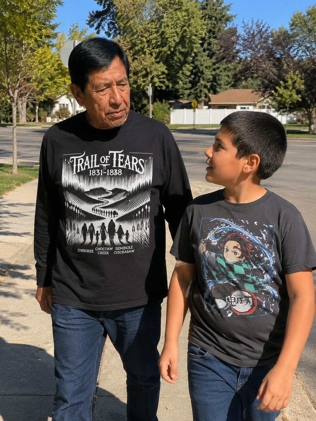 Lomasi design honoring the Trail of Tears on a heritage long sleeve — detail view