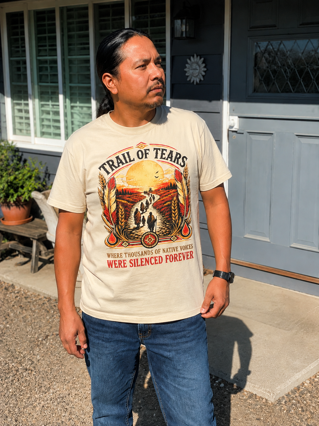 Sacred feather and tear symbols framing the Yavor Trail of Tears design, close-up detail