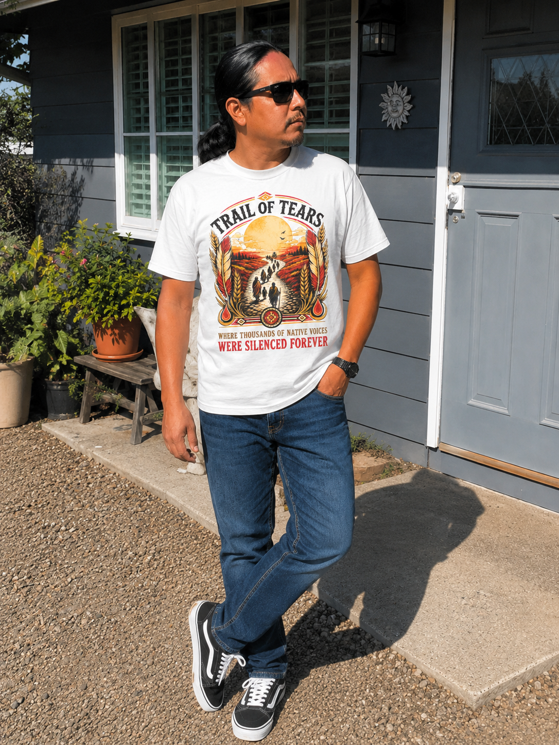 Trail of Tears road-of-sorrow artwork on the Yavor heritage tee, remembrance design, alternate view