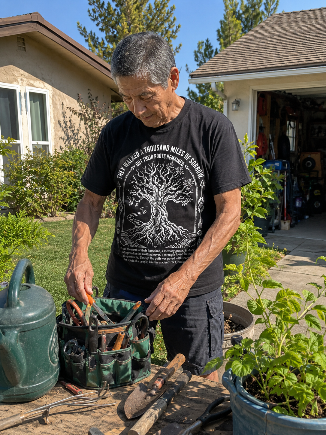 Quovara Trail of Honor heritage tee — winding path artwork, another view