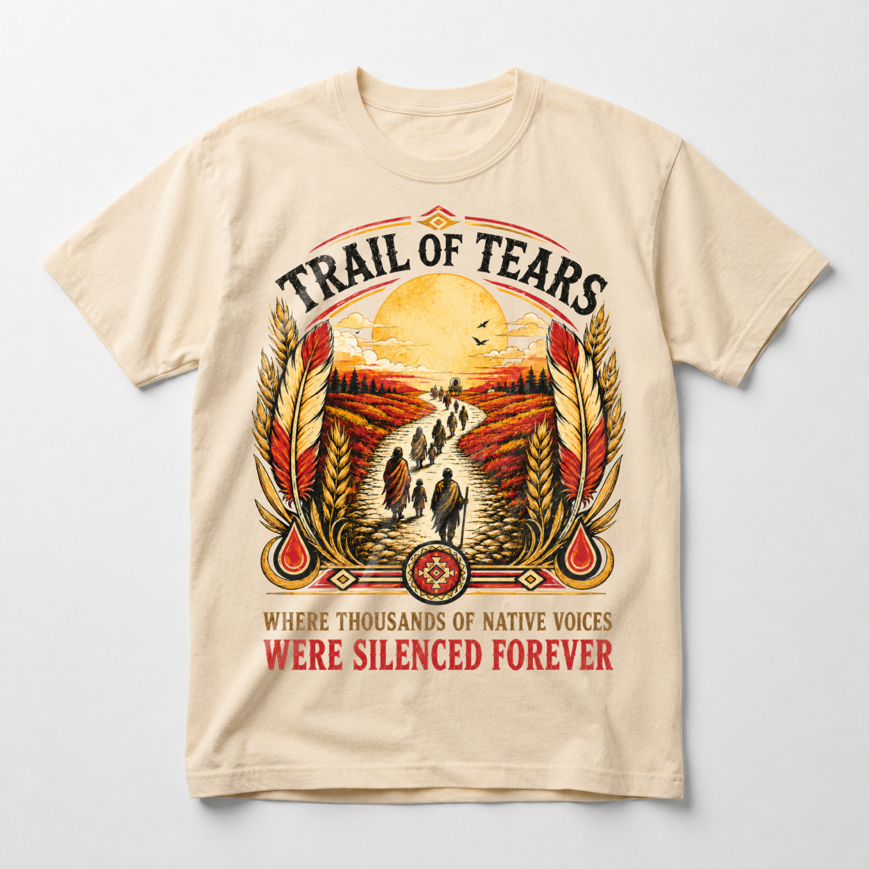 Yavor remembrance tee in White or Ivory, Trail of Tears heritage artwork, alternate view
