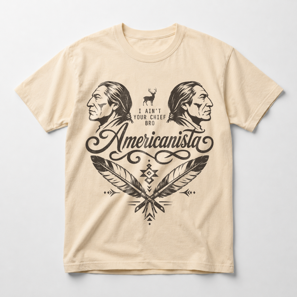 I Ain't Your Chief Bro front print on the Karvo heritage tee, White and Ivory colorways, alternate view