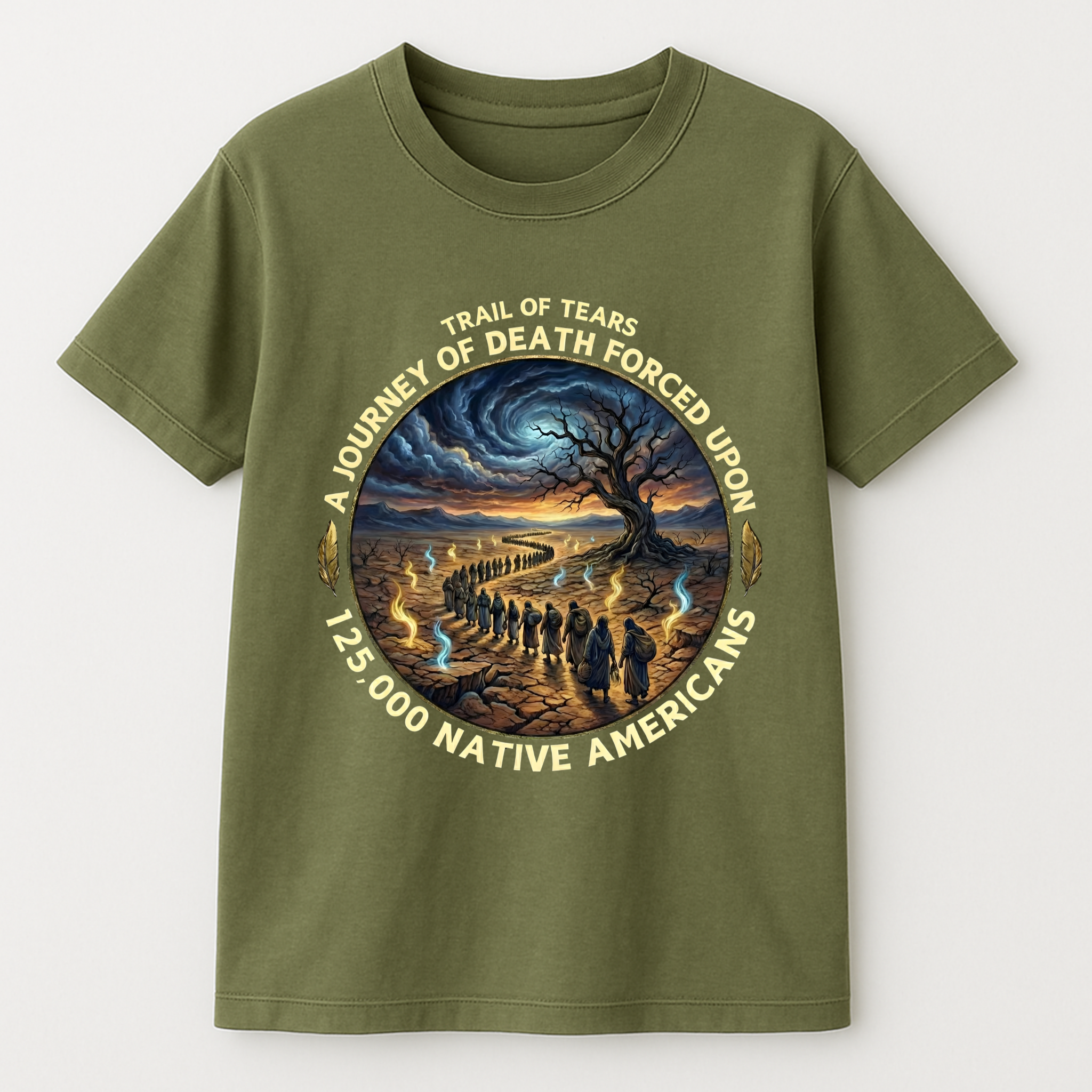 Kiona v2.1 heritage tee with haunting Trail of Tears artwork, another angle