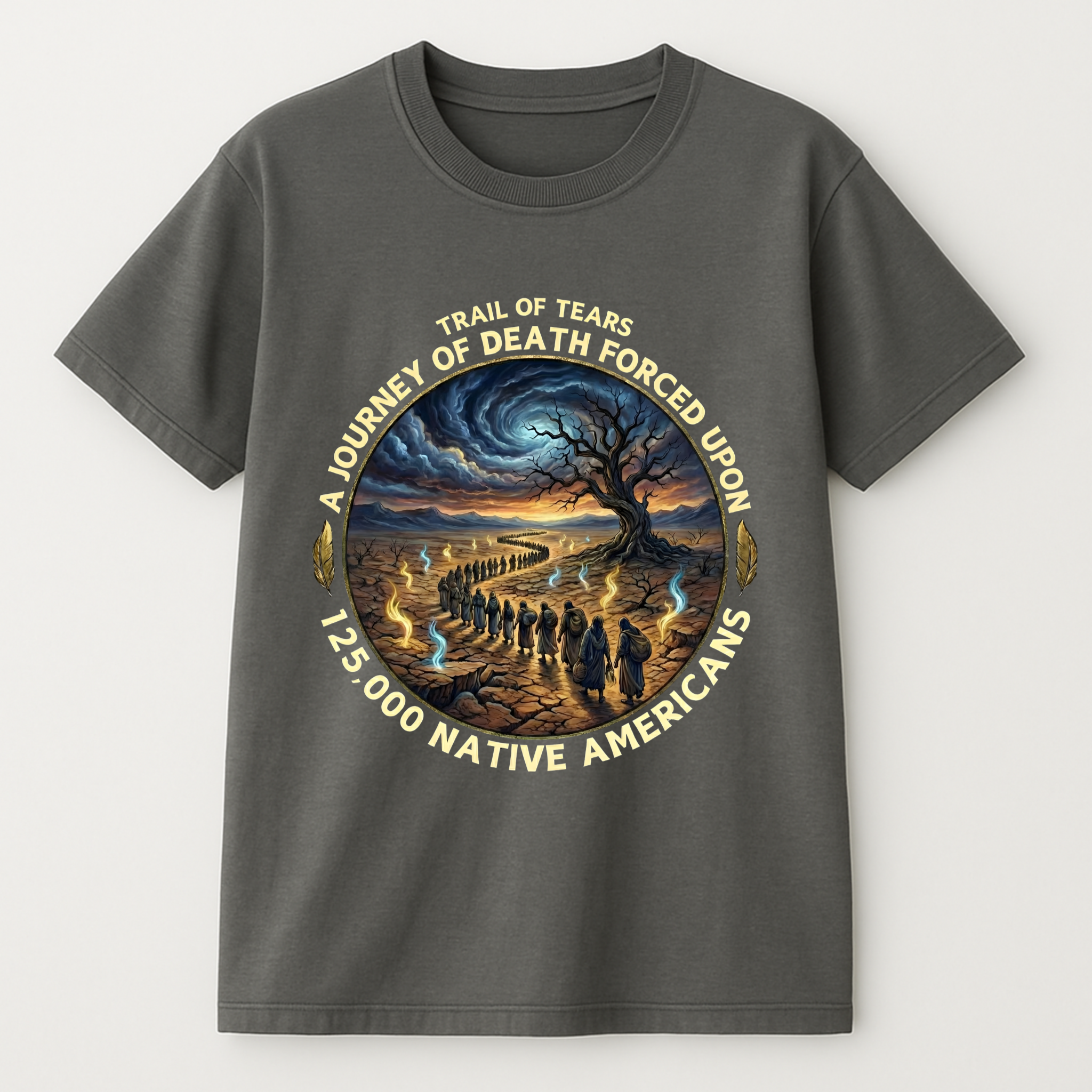 Kiona v2.1 tribute artwork on unisex heritage tee, close-up