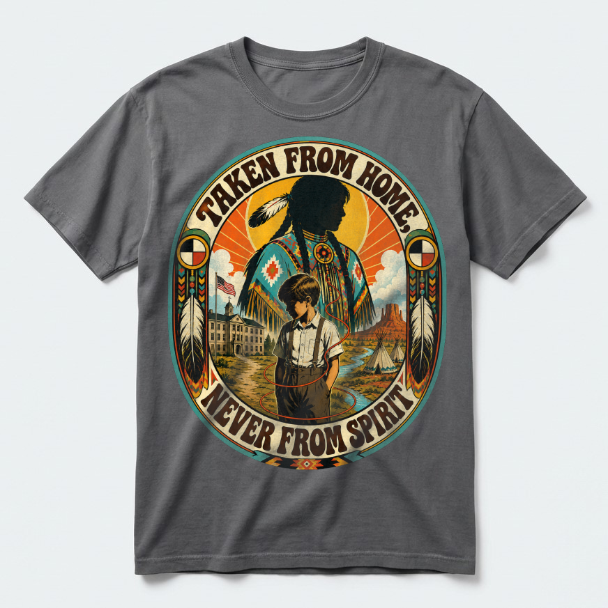 Stolen Native Children heritage tee in Pepper, design close-up