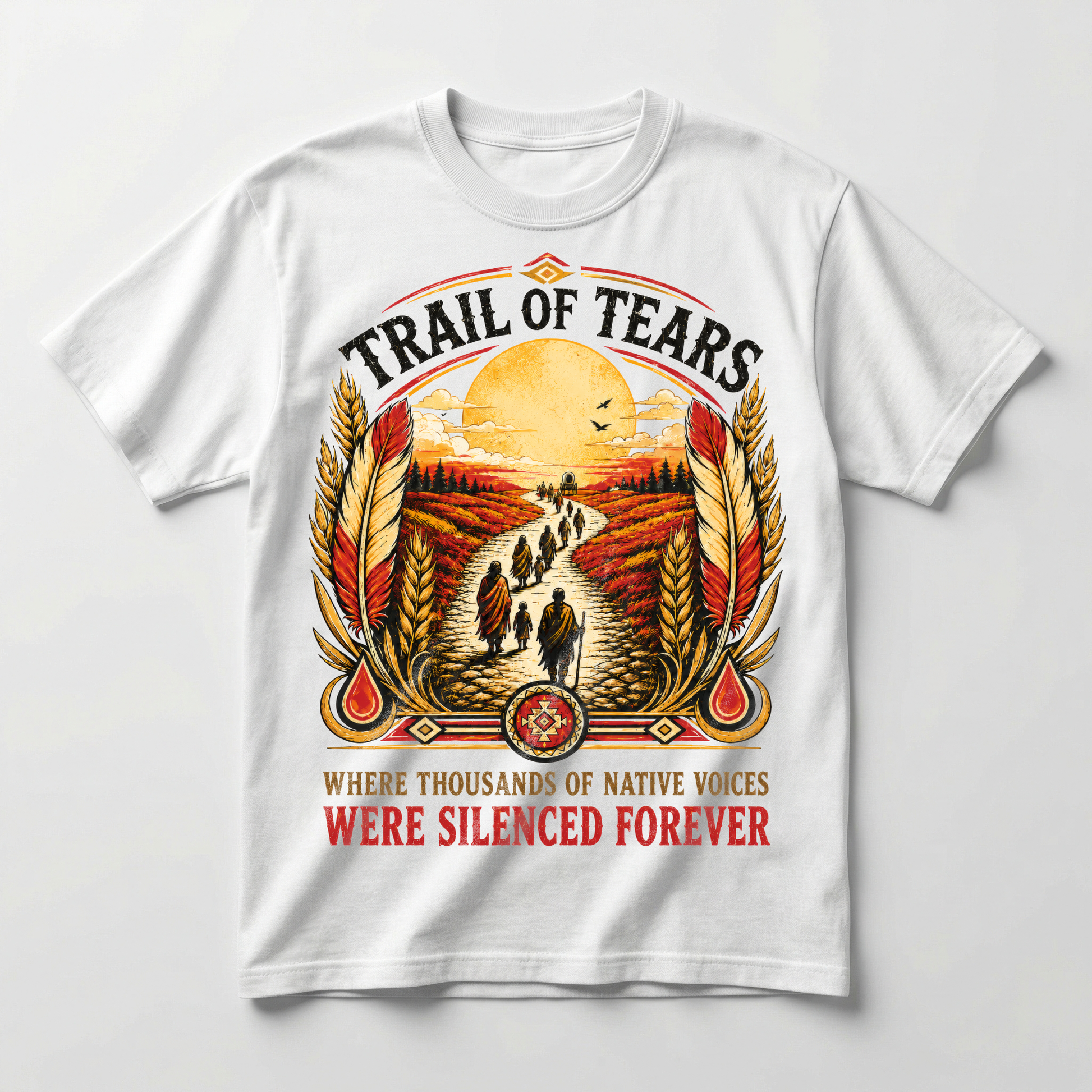 Yavor tee front print — figures walking the trail beneath a burning sky, design close-up