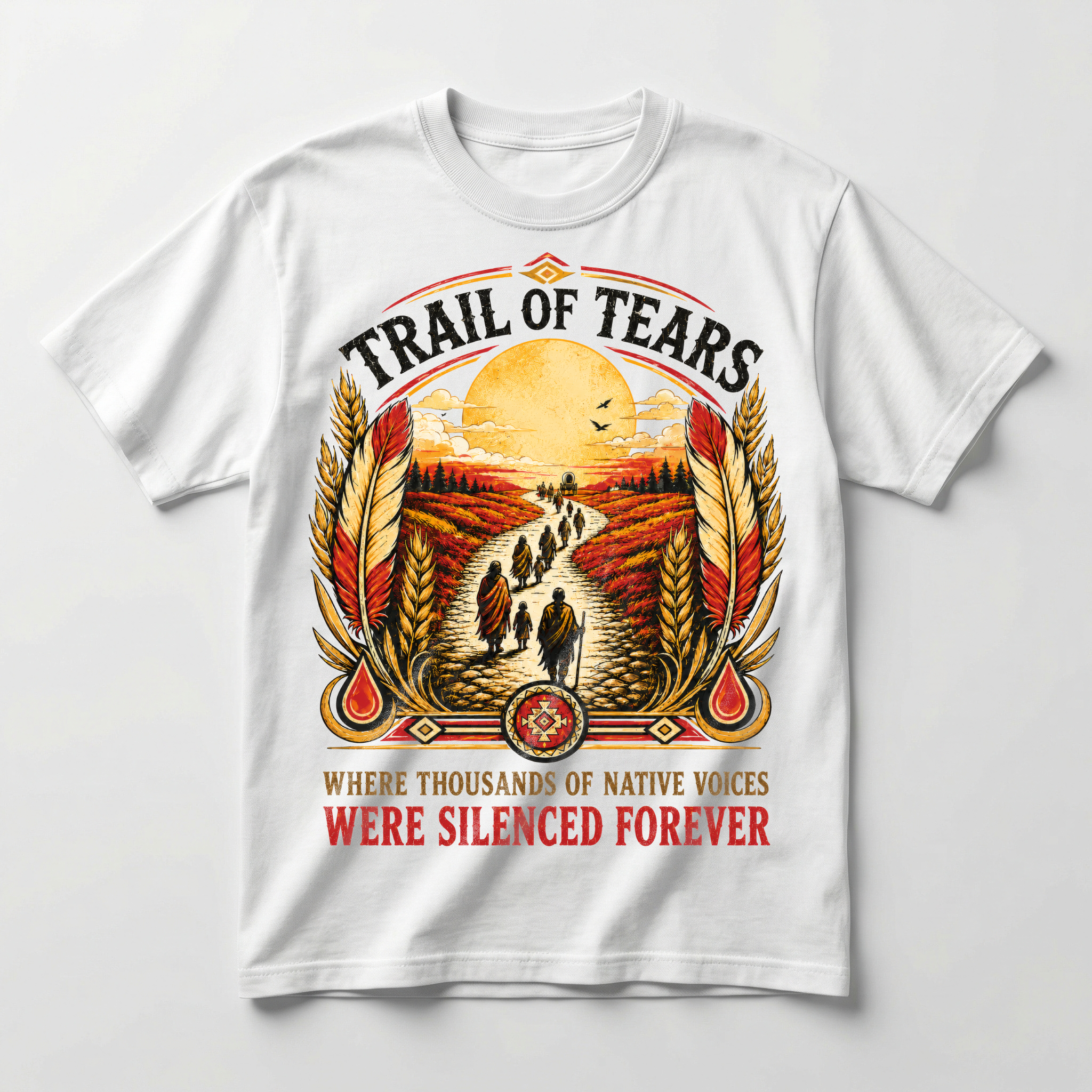 Yavor tee front print — figures walking the trail beneath a burning sky, design close-up