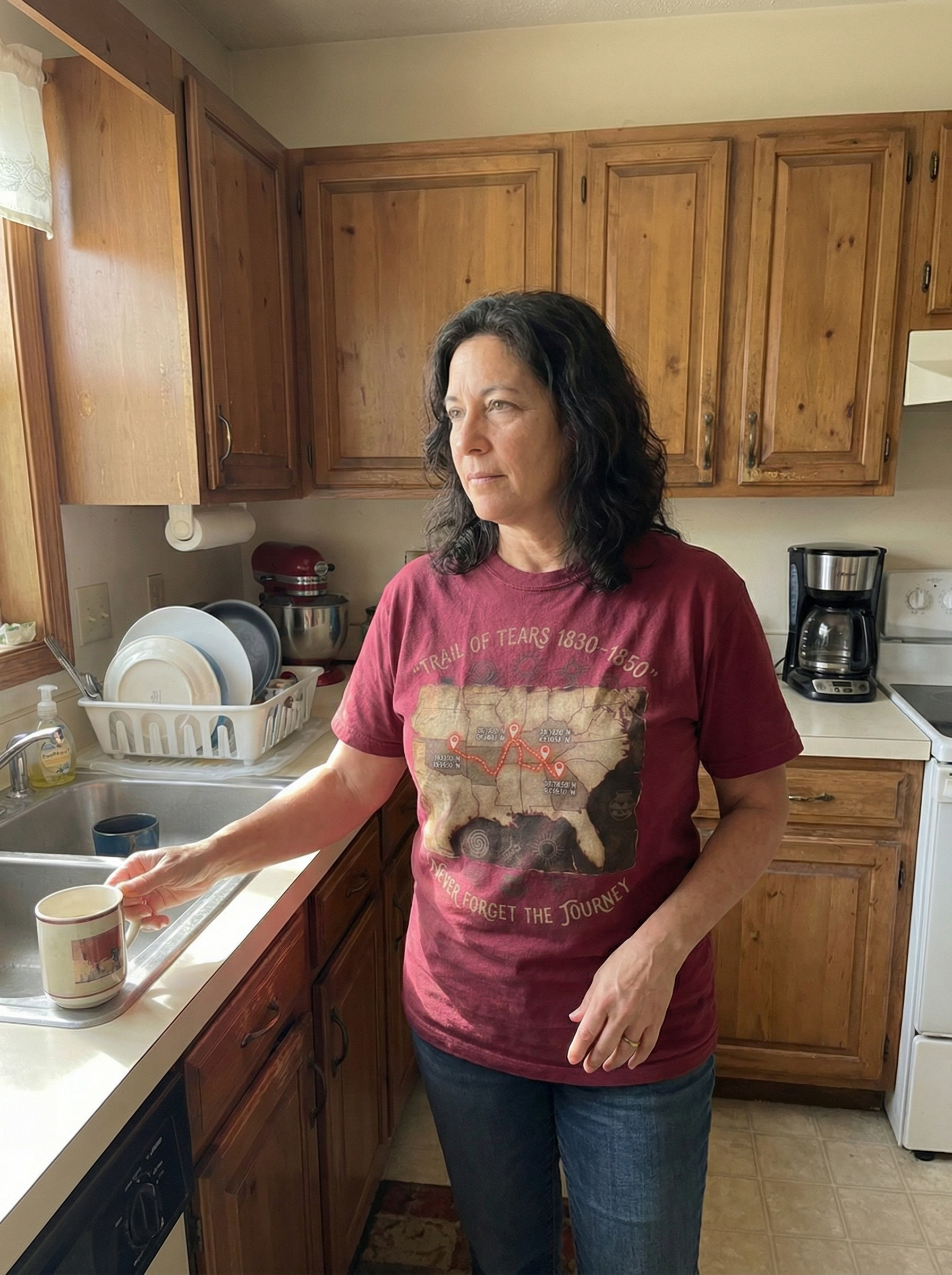 A customer wearing the Trail of Tears tee at home