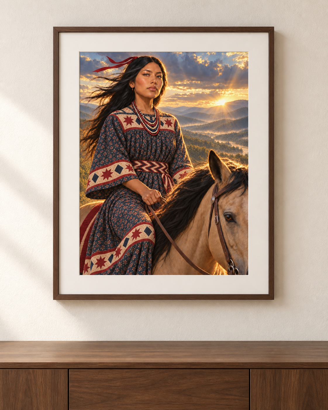 Your Ancestor Cherokee portrait, shown framed on a wall. Frame not included.
