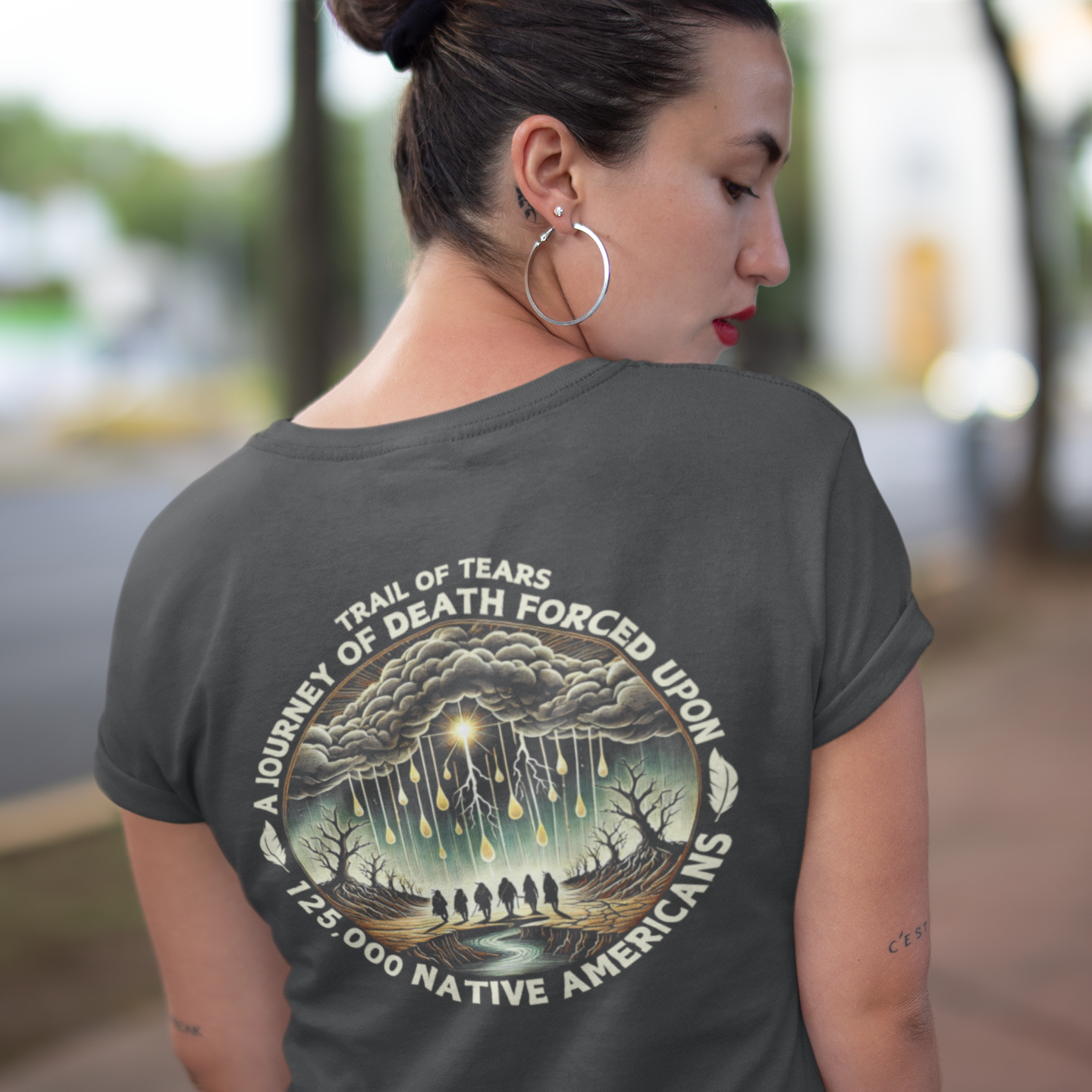 Woman wearing Trail of Tears 125,000 back-print tee