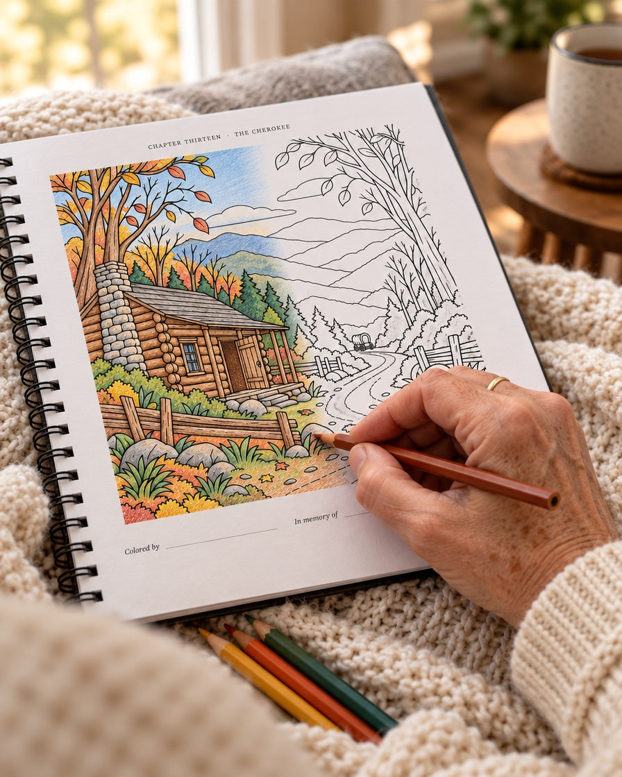 Coloring the cabin page of Echoes From The Trail, with the Colored by and In memory of lines below
