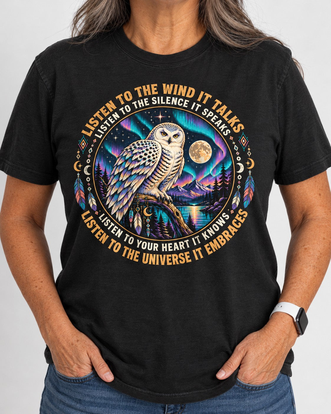 Snowy Owl shirt worn by an older customer