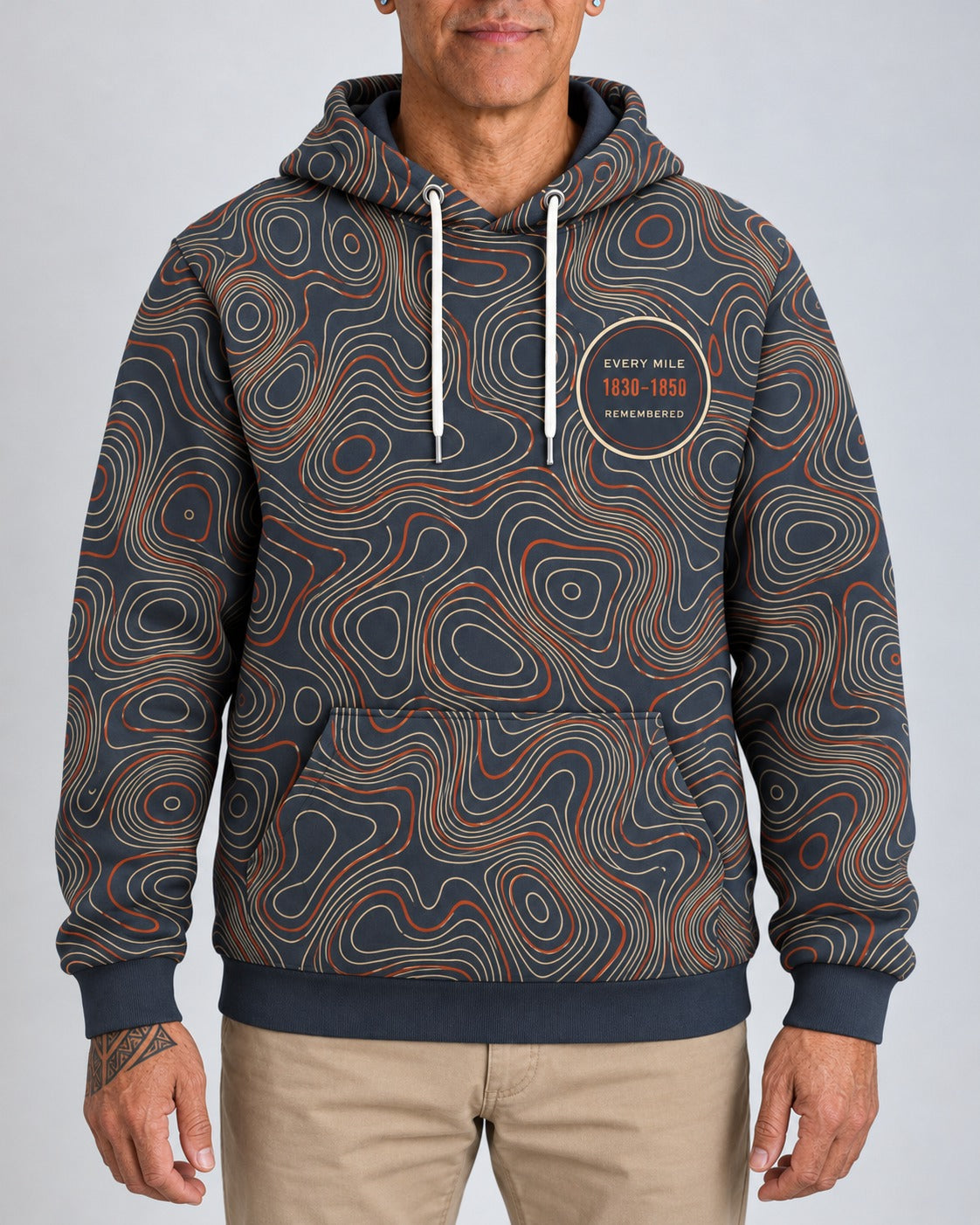 Every Mile Remembered — Trail of Tears — Topographic Hoodie — worn by man, front view