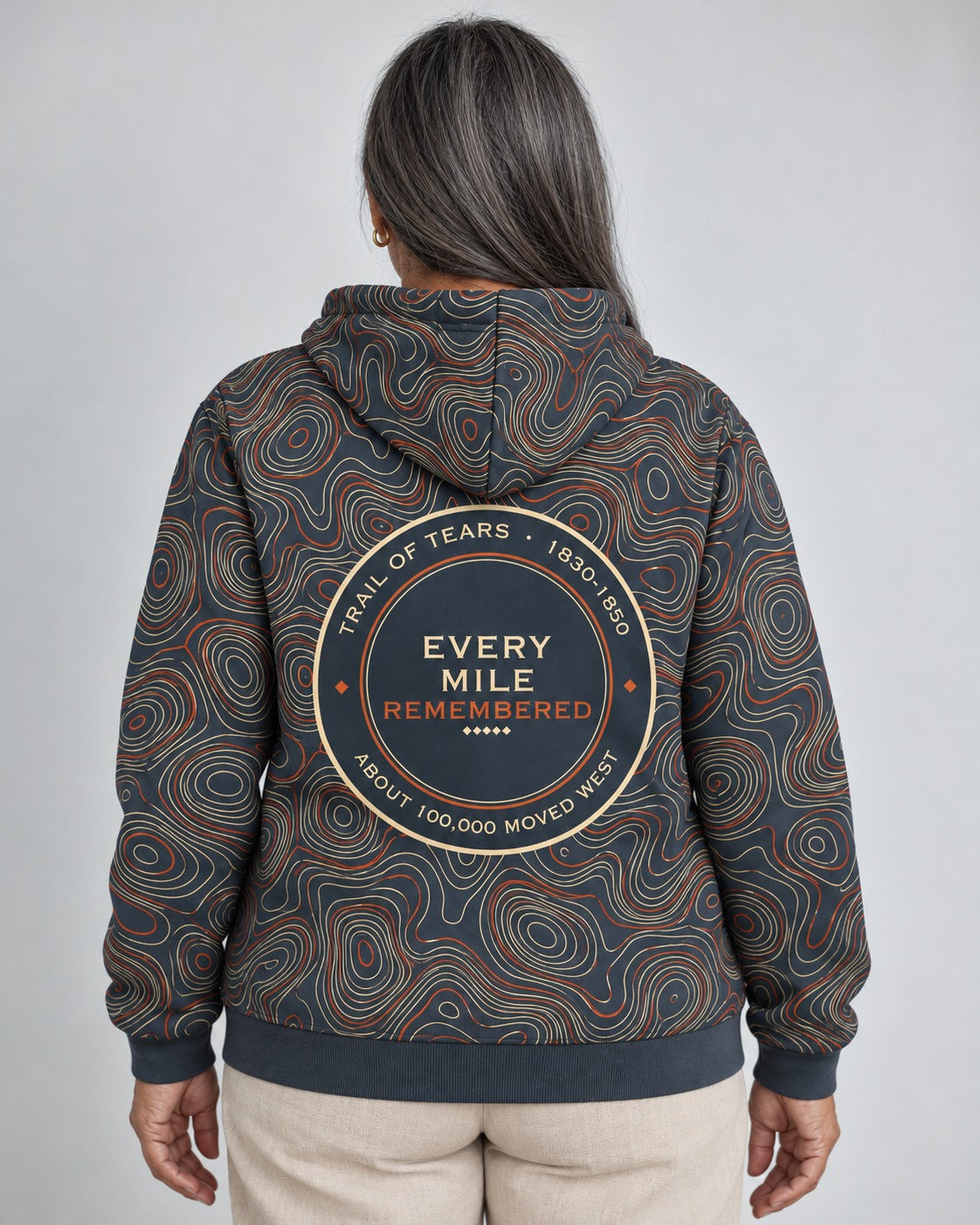 Every Mile Remembered — Trail of Tears — Topographic Hoodie — worn by woman, back view